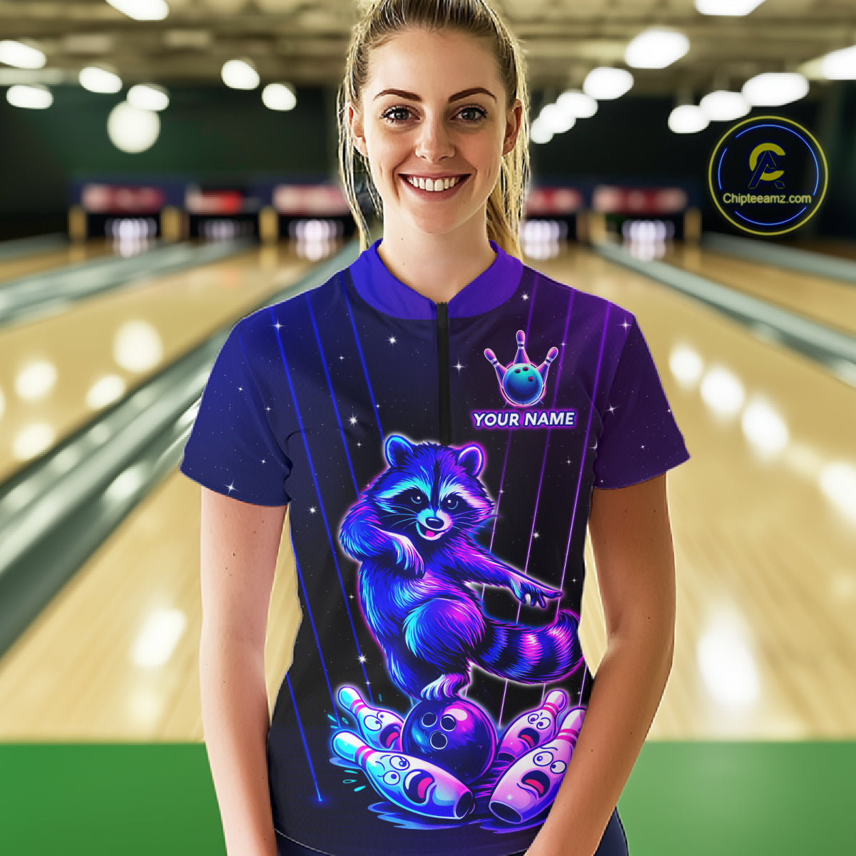 Neon Raccoon Bowling Shirt for Women Custom Bowling Team Jersey Polo & 1/4-Zip Bowling Outfit QZT848