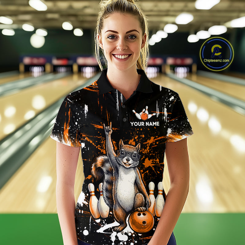Custom Orange Funny Squirrel Bowling Shirt for Women Bowling Team League Polo & Quarter-Zip QZT982