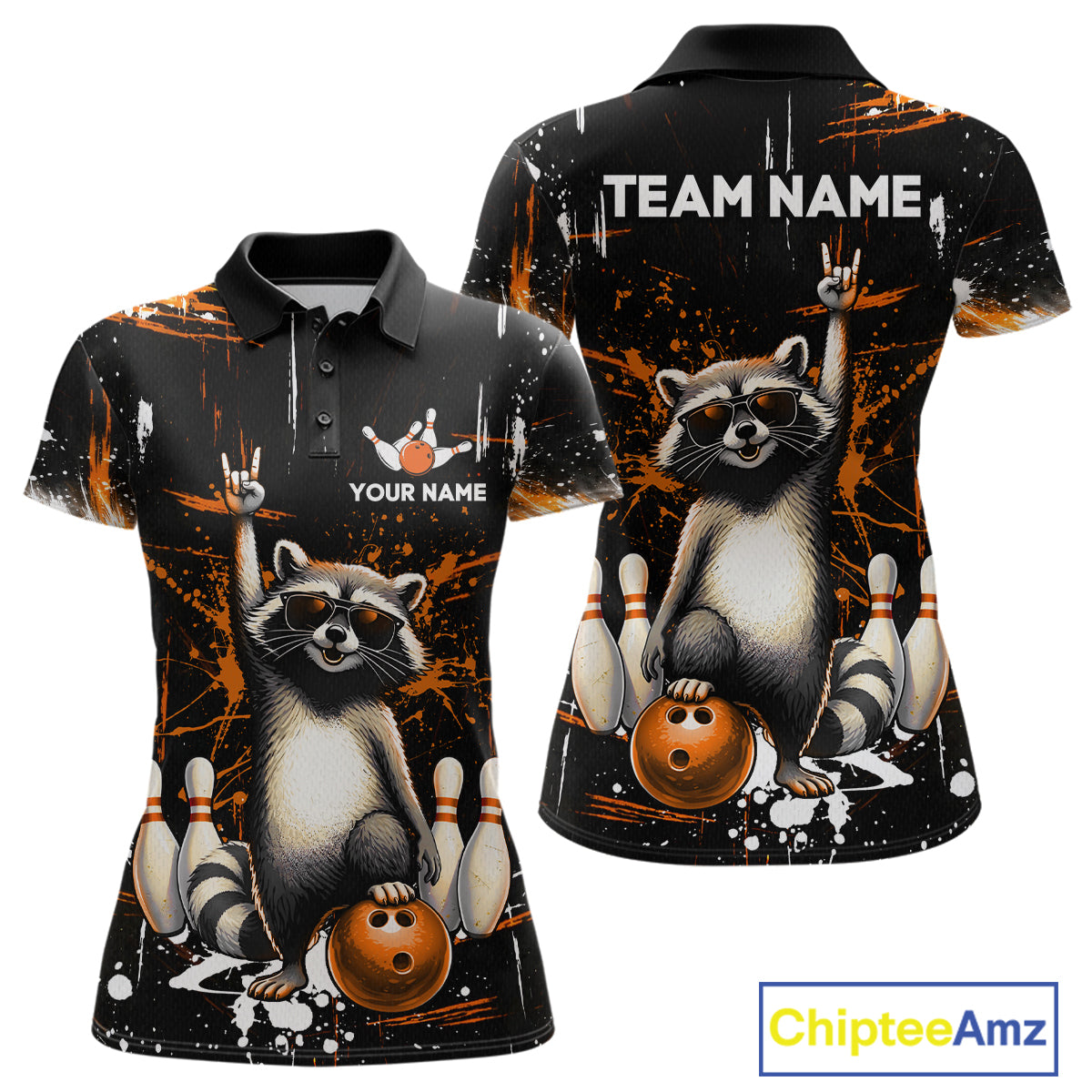 Orange Funny Raccoon Bowling Team Shirt Customized Bowling League Polo & 1/4 Zip Gift for Women QZT852