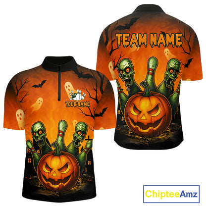 Halloween-themed shirt with pumpkins, ghosts, and bats on an orange background.