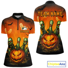 Load image into Gallery viewer, Halloween-themed shirt with pumpkins, ghosts, and zombies on an orange background, featuring 'Chiptee Amz' branding.
