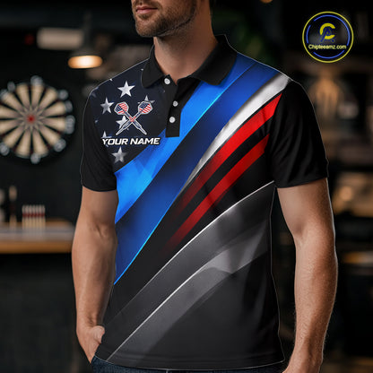 Man wearing a custom dart polo shirt featuring a patriotic dartboard graphic with red, blue, and silver diagonal stripes in a professional dart room.