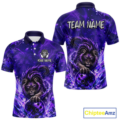 Front and back views of a purple short-sleeve polo shirt featuring a graphic of a lion holding a bowling ball, with customizable text placeholders 'YOUR NAME' and 'TEAM NAME'.
