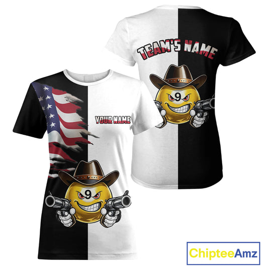 Custom American Flag Funny 9 Ball Pool Billiard T-Shirts for Women Billiard League Shirts BHT1