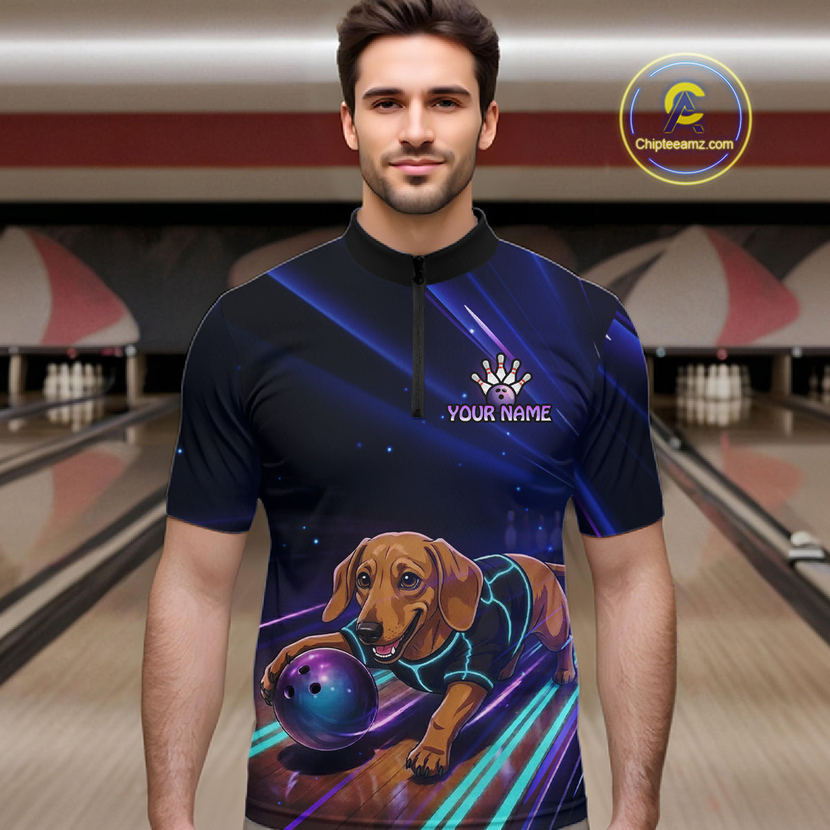 Neon Funny Dachshund Bowling Shirt Custom Bowling Team Jersey for Men Polo & Quarter-Zip Bowling Outfit QZT940