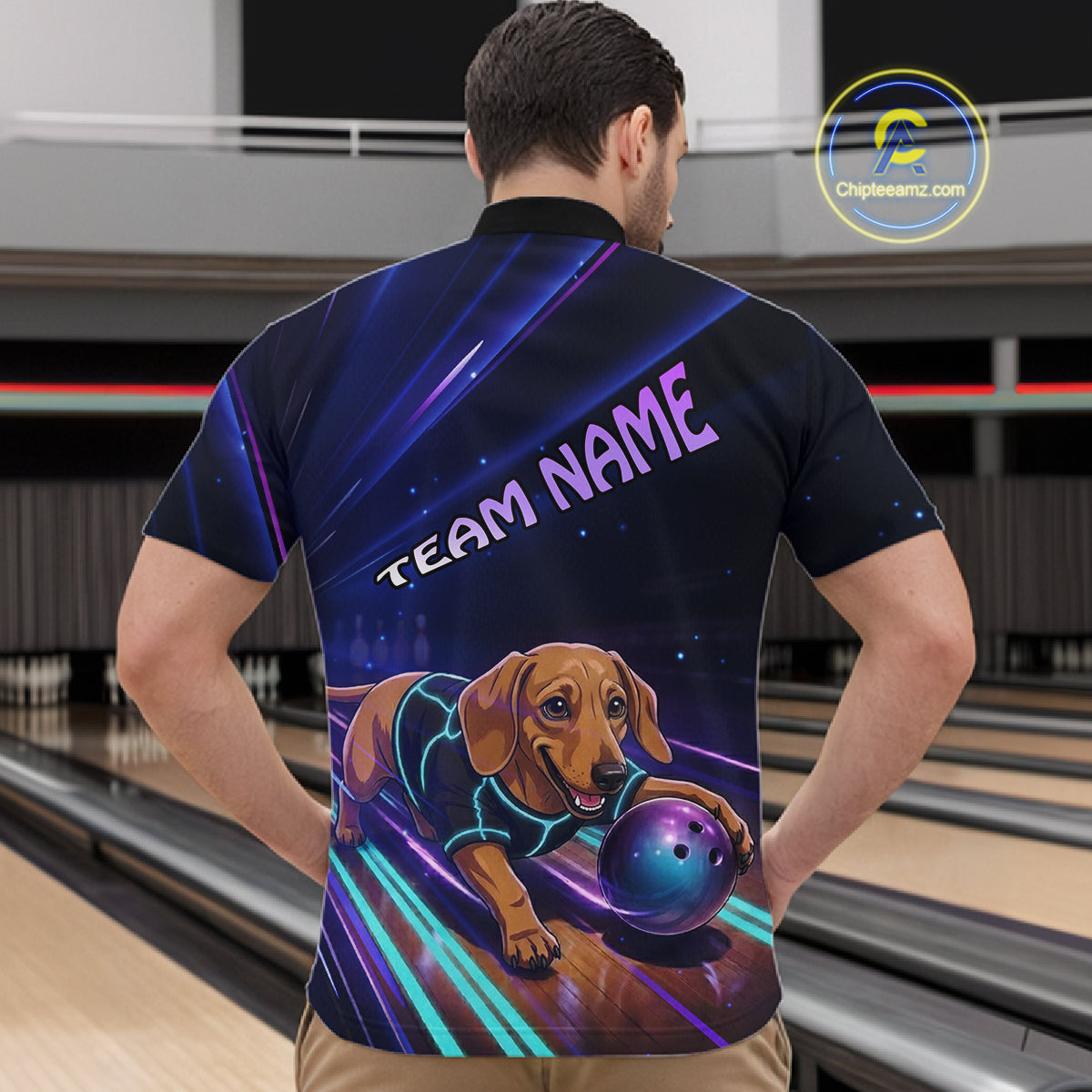 Neon Funny Dachshund Bowling Shirt Custom Bowling Team Jersey for Men Polo & Quarter-Zip Bowling Outfit QZT940