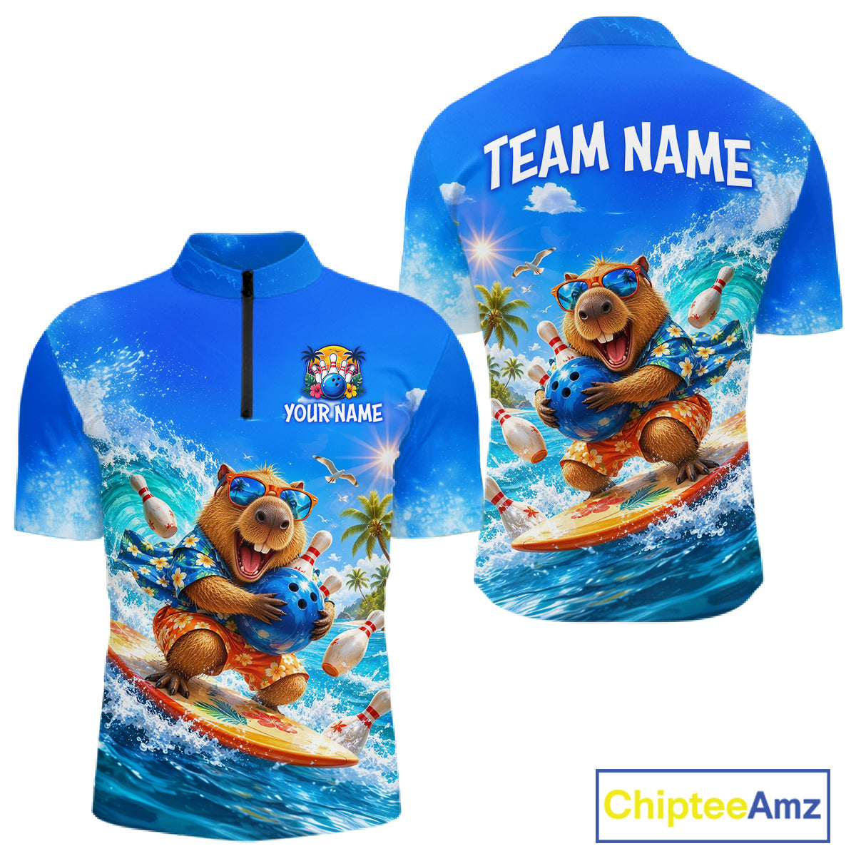 Custom Funny Capypara Surfing Bowling Team Shirt for Men Bowling Jersey League Polo & Quarter-Zip QZT1079