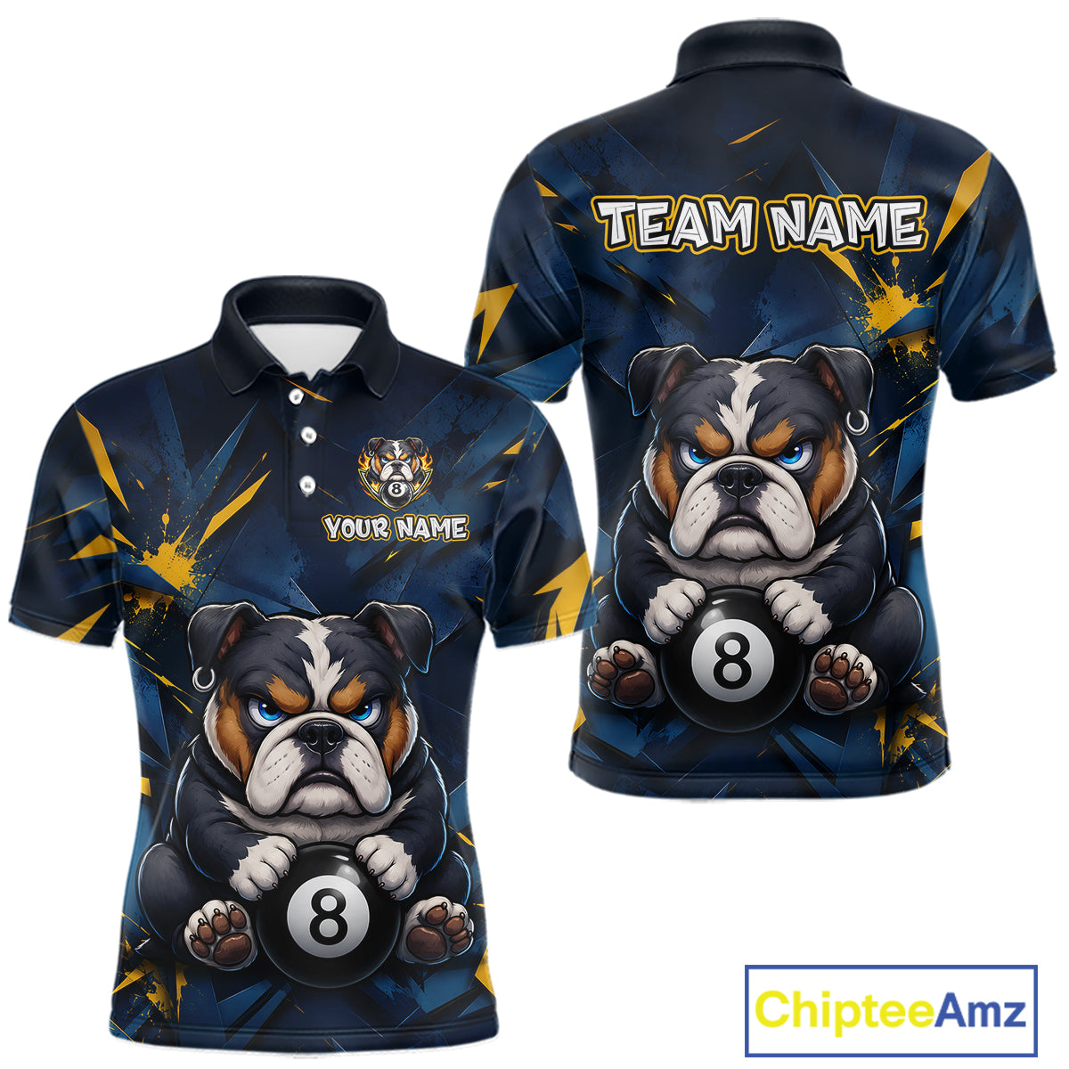 Blue and yellow short-sleeve polo shirt shown from front and back with a funny bulldog print holding an 8-ball, and customizable text areas including 'TEAM NAME' and 'YOUR NAME'.