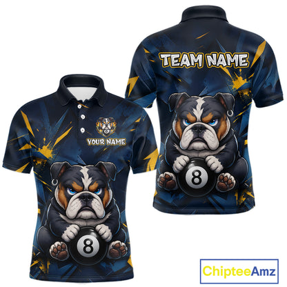 Blue and yellow short-sleeve polo shirt shown from front and back with a funny bulldog print holding an 8-ball, and customizable text areas including 'TEAM NAME' and 'YOUR NAME'.