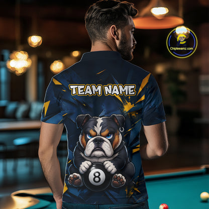 A back view of a custom black billiards polo shirt worn by a male model. The shirt features a funny bulldog on the back, with a large white 'TEAM NAME' text placeholder. The background is a billiards room with a table and hanging lights.