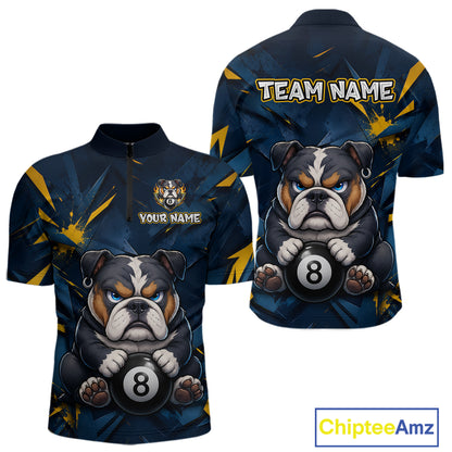 Blue and yellow short-sleeve quarter-zip jersey shown from front and back with a funny bulldog print holding an 8-ball, and customizable text areas including 'TEAM NAME' and 'YOUR NAME'.