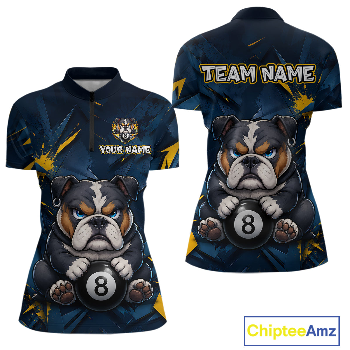 Front and back views of a women's short-sleeve quarter-zip jerseys with a custom funny bulldog graphic design. The shirt features a bulldog holding an 8-ball on the front, and 'YOUR NAME' with placeholder text on the front, 'TEAM NAME' with placeholder text on the back.