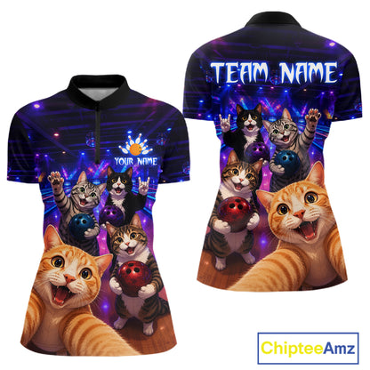 Two bowling shirts with cat designs and customizable text on a white background.