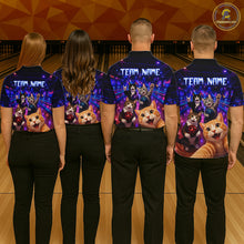 Load image into Gallery viewer, Four people wearing bowling shirts with cat designs and 'Team Name' text on a bowling alley.