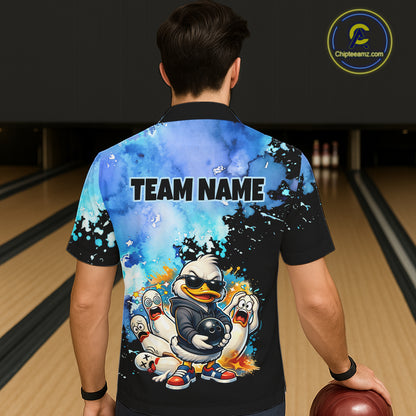 Person wearing a bowling shirt with cartoon duck design and 'TEAM NAME' text in a bowling alley.