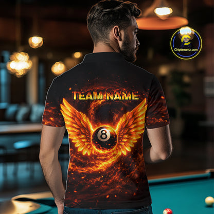 Orange Flame Billiard Shirt for Men Custom Wings 8 Ball Billiard Jersey Polo & 1/4 Zip Billiard Outfit BHT9