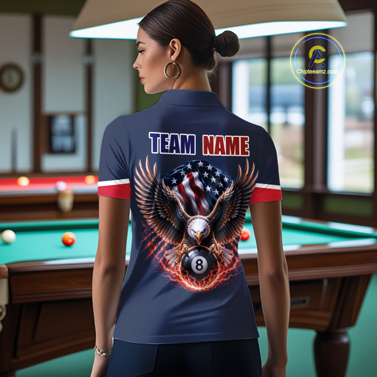Custom American Flag Navy Eagle Billiards Shirt for Women 8 Ball Pool Team Jersey Billiard Gift BHT101