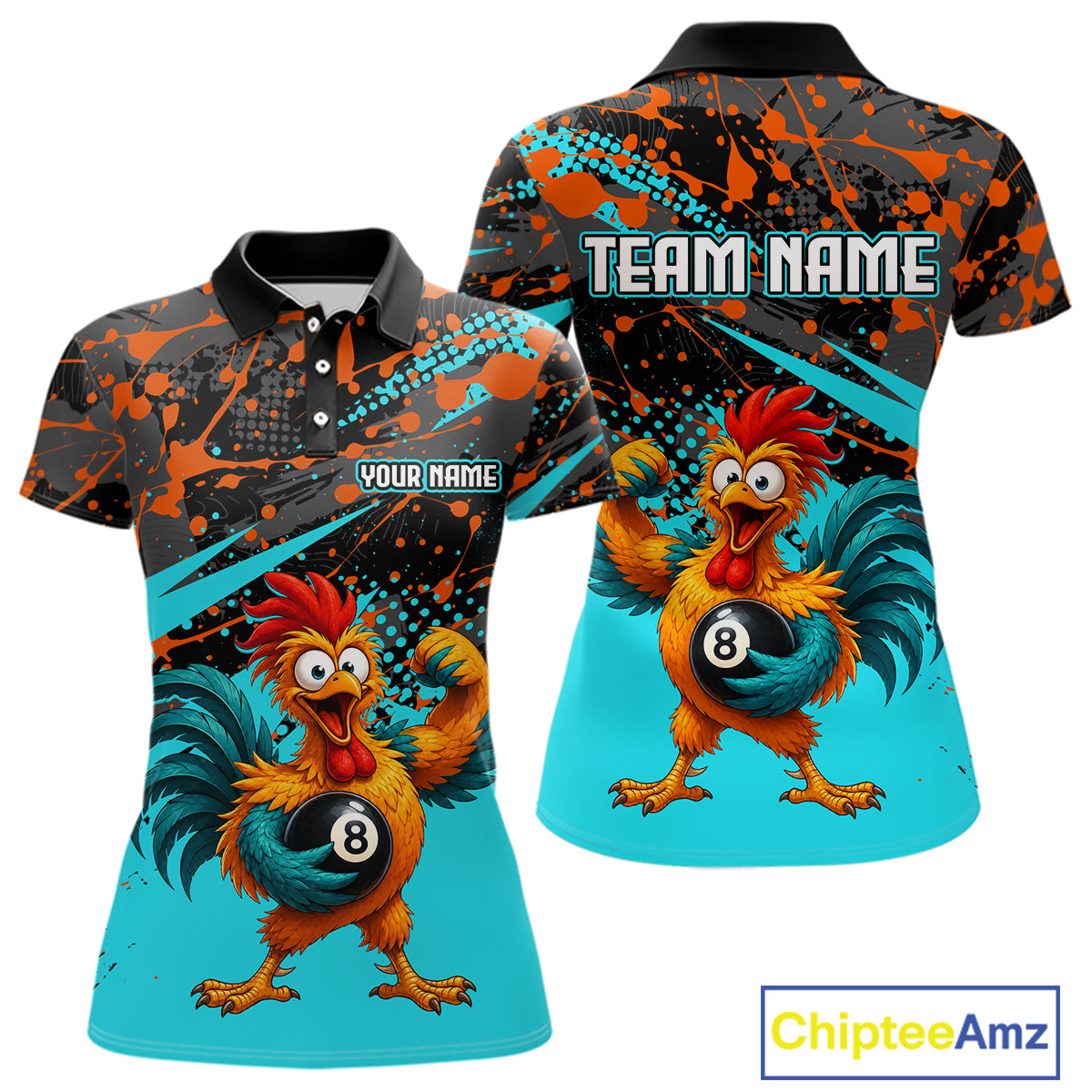 Custom Turquoise Funny Chicken Billiard Shirt, 8 Ball Pool Team Jersey for Women, Polo & 1/4 Zip BHT106