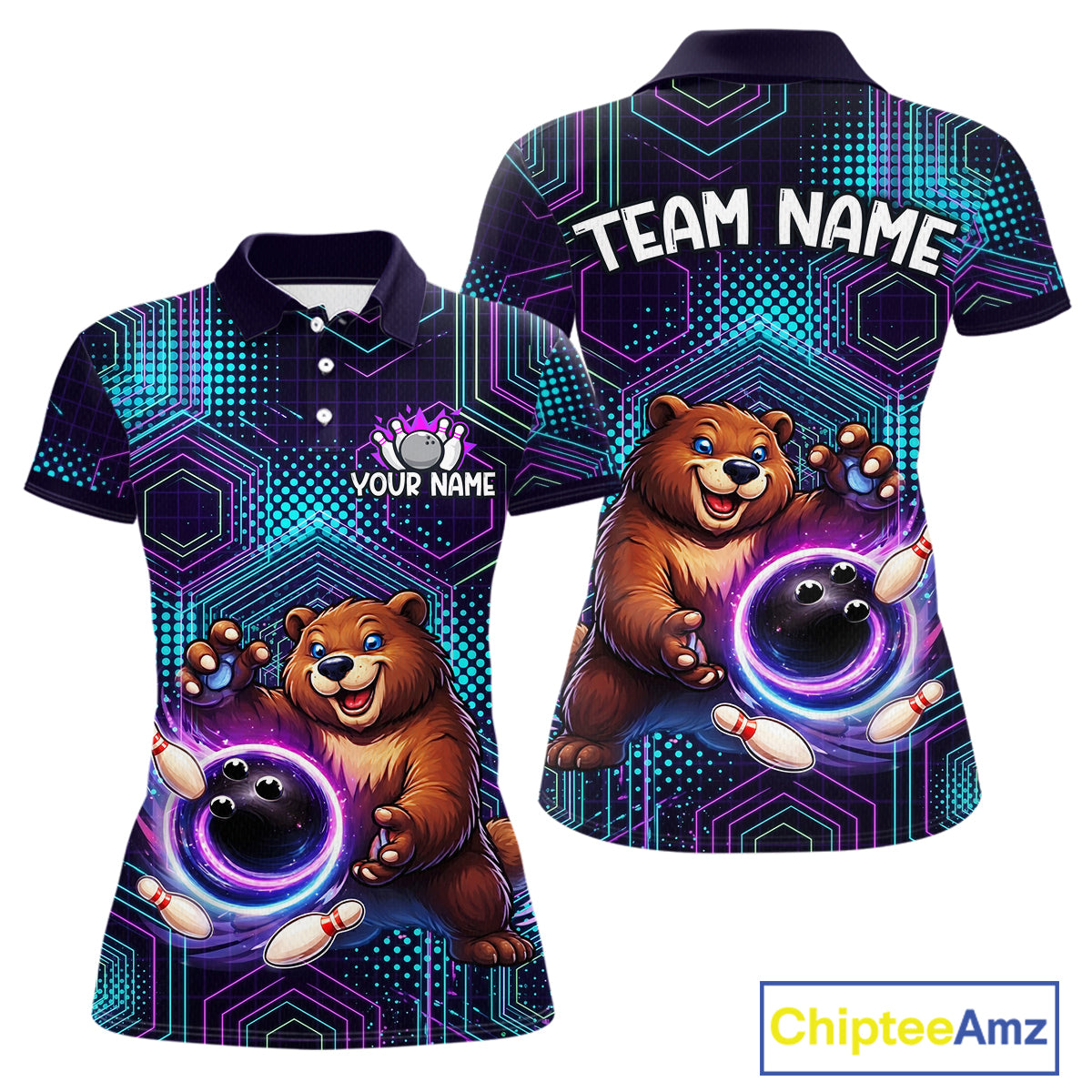 Custom Funny Bear Bowling Shirt for Women Bowling League Jersey Polo & 1/4 Zip Bowling Outfit QZT986