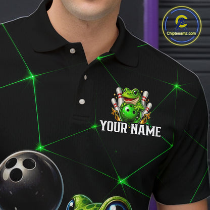 Green Funny Frog Bowling Shirt for Men Custom Bowling Jersey Polo & 1/4 Zip QZT1024
