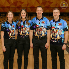 Load image into Gallery viewer, Four people wearing matching bowling shirts with cartoon chicken designs on a bowling alley.