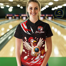 Load image into Gallery viewer, Woman wearing a custom bowling shirt with a chicken design in a bowling alley.