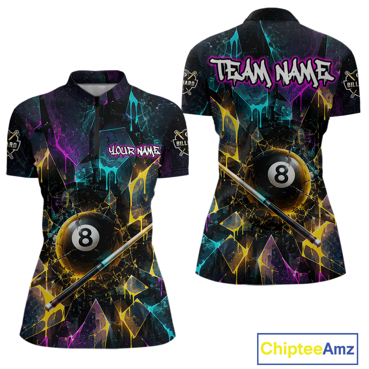 Front and back view custom colorful shattered glass 8 ball billiard quarter-zip shirt featuring personalized team name design