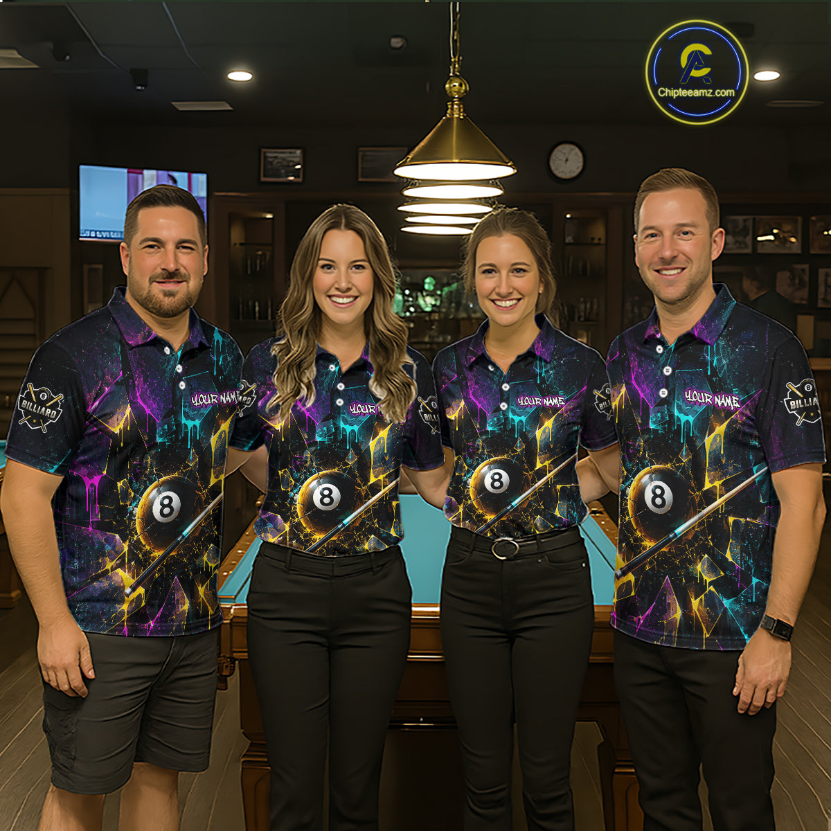 Front view of billiard team wearing matching custom colorful shattered glass 8 ball billiard polo shirts with personalized team name