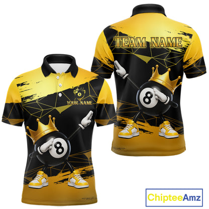 Front and back view custom black and gold geometric crown 8 ball billiard polo shirt featuring personalized team name design