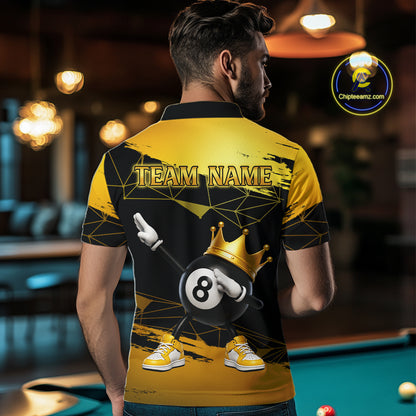 Back view of man wearing custom black and gold geometric crown 8 ball billiard polo shirt in a billiard room showing personalized team name