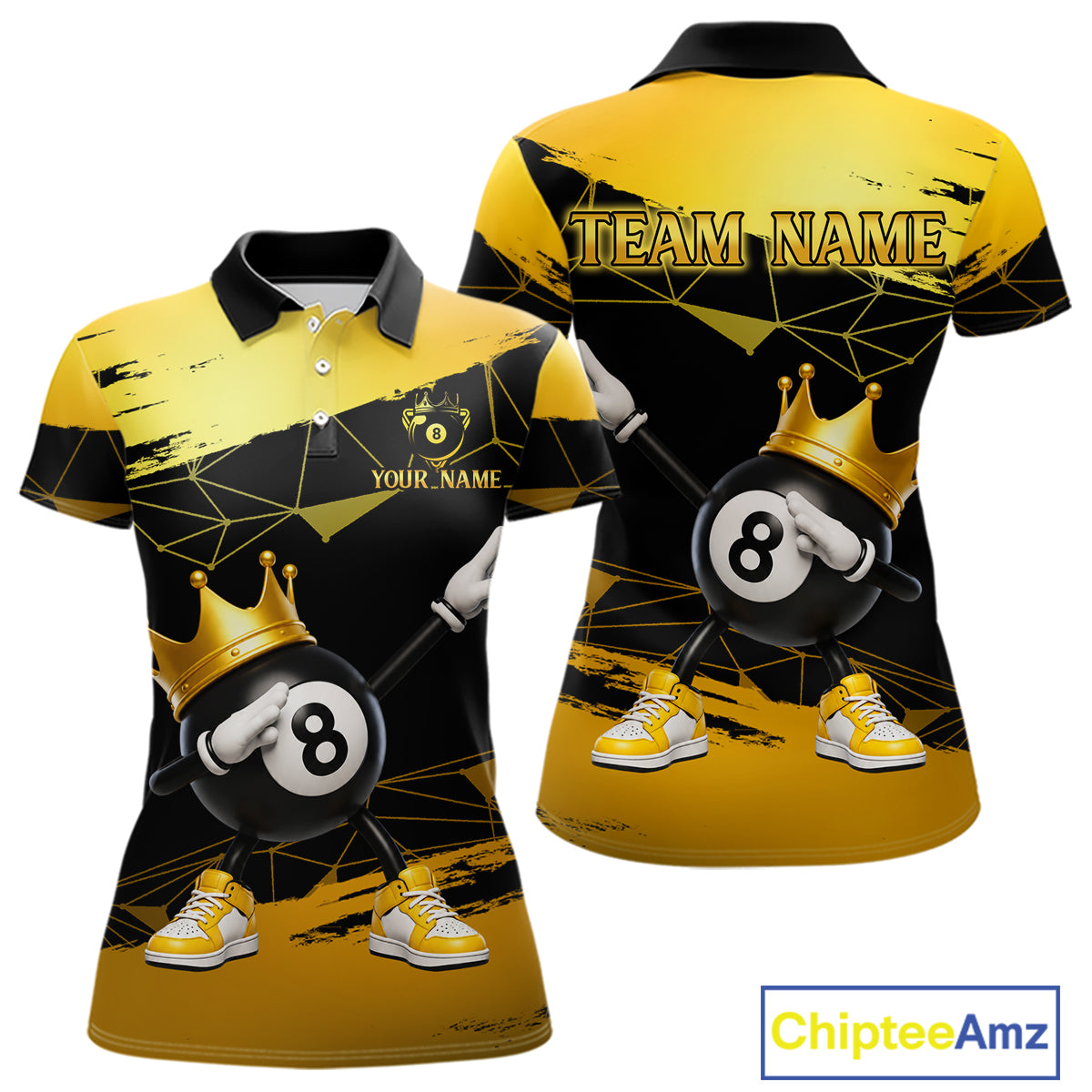 Front and back view custom black and gold geometric crown 8 ball billiard polo shirt featuring personalized team name design