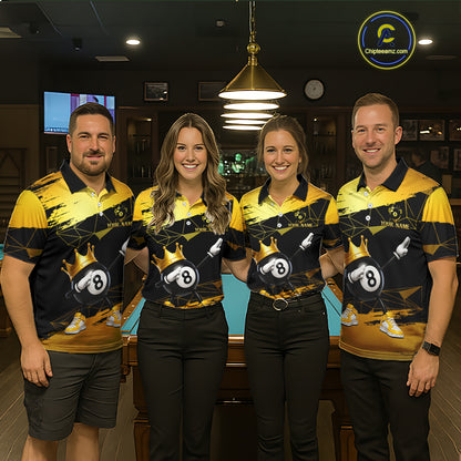 Front view of billiard team wearing matching custom black and gold geometric crown 8 ball billiard polo shirts with personalized team name