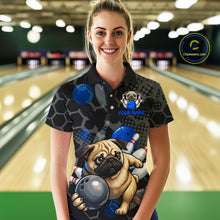 Load image into Gallery viewer, Person wearing a bowling shirt with a pug design in a bowling alley.