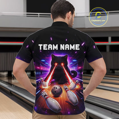 Custom Alien Cat Bowling Team Shirt for Men UFO Bowling League Jersey Polo & Quarter-Zip Bowling Outfit QZT989