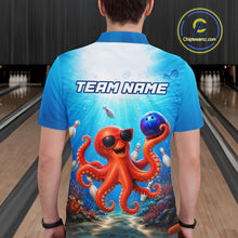 Load image into Gallery viewer, Person wearing a blue bowling shirt with an octopus design and 'Team Name' text on a bowling alley.