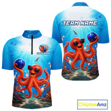 Load image into Gallery viewer, Blue and white shirt with an octopus design and 'Team Name' text on a white background