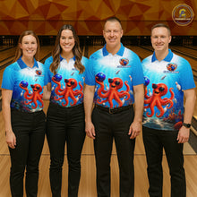 Load image into Gallery viewer, Four people wearing matching bowling shirts with octopus designs on a bowling alley.