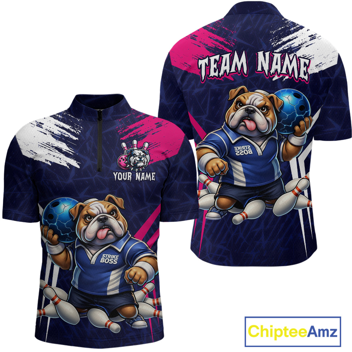 Personalized Funny Bulldog Bowling League Shirt Polo & 1/4 Zip Navy Bowling Jersey for Men QZT910