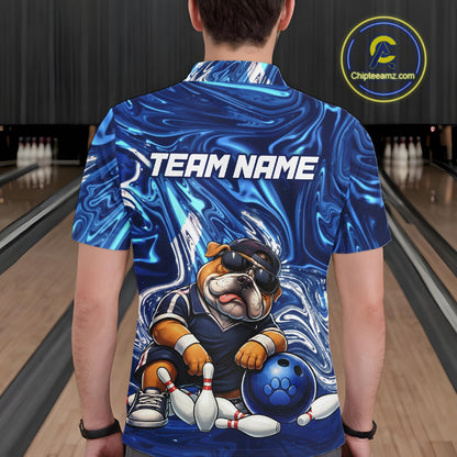 Custom Blue Funny Bulldog Bowling Team Shirt Bowling Jersey Polo & 1/4 Zip Bowling Unisex for Men QZT912