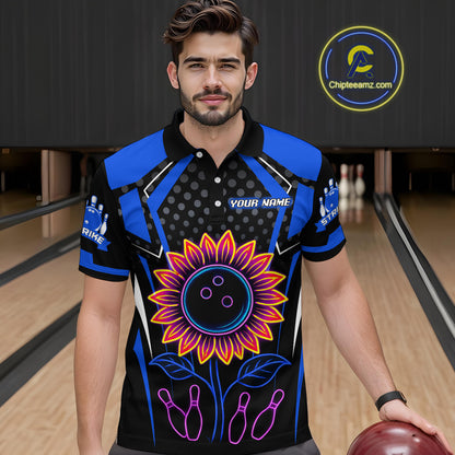 Blue Neon Lightning Sunflower Bowling Shirt for Men Custom Team Bowling Polo Bowling Jersey QZT771
