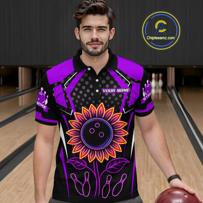 Purple Neon Lightning Sunflower Bowling Shirt for Men Custom Team Bowling Polo Bowling Jersey QZT771