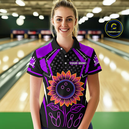Purple Neon Lightning Sunflower Bowling Shirt for Women Custom Team Bowling Polo Bowling Jersey QZT771