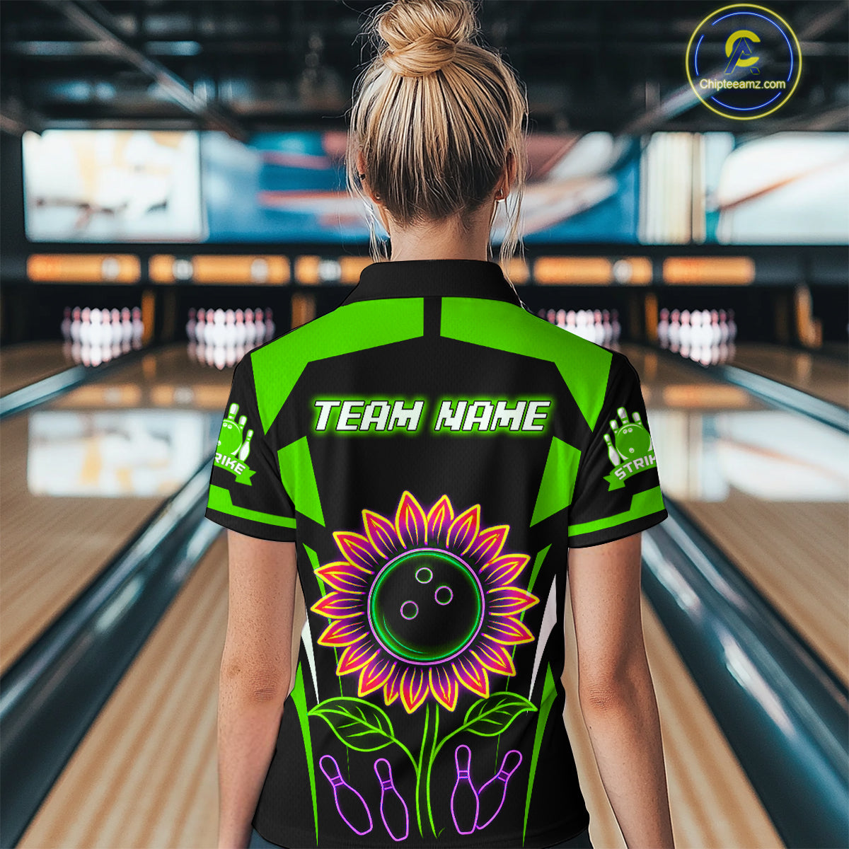 Green Neon Lightning Sunflower Bowling Shirt for Women Custom Team Bowling Polo Bowling Jersey QZT771