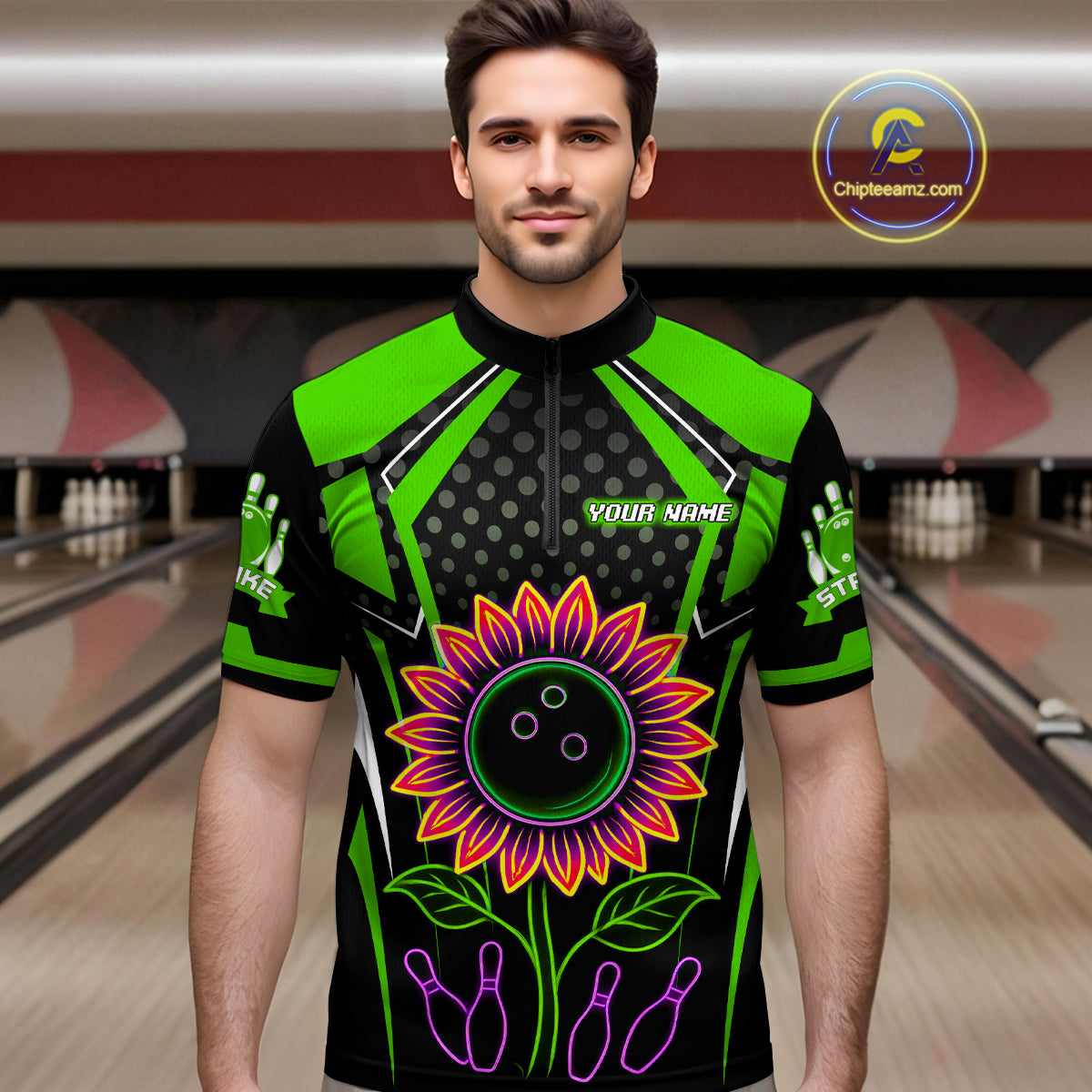 Green Neon Lightning Sunflower Bowling Shirt for Men Custom Team Bowling Polo Bowling Jersey QZT771
