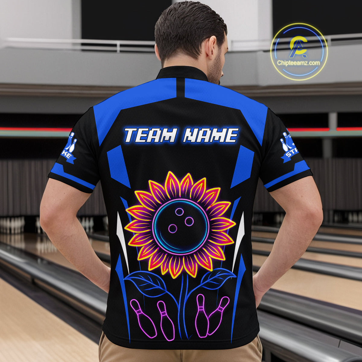Blue Neon Lightning Sunflower Bowling Shirt for Men Custom Team Bowling Polo Bowling Jersey QZT771