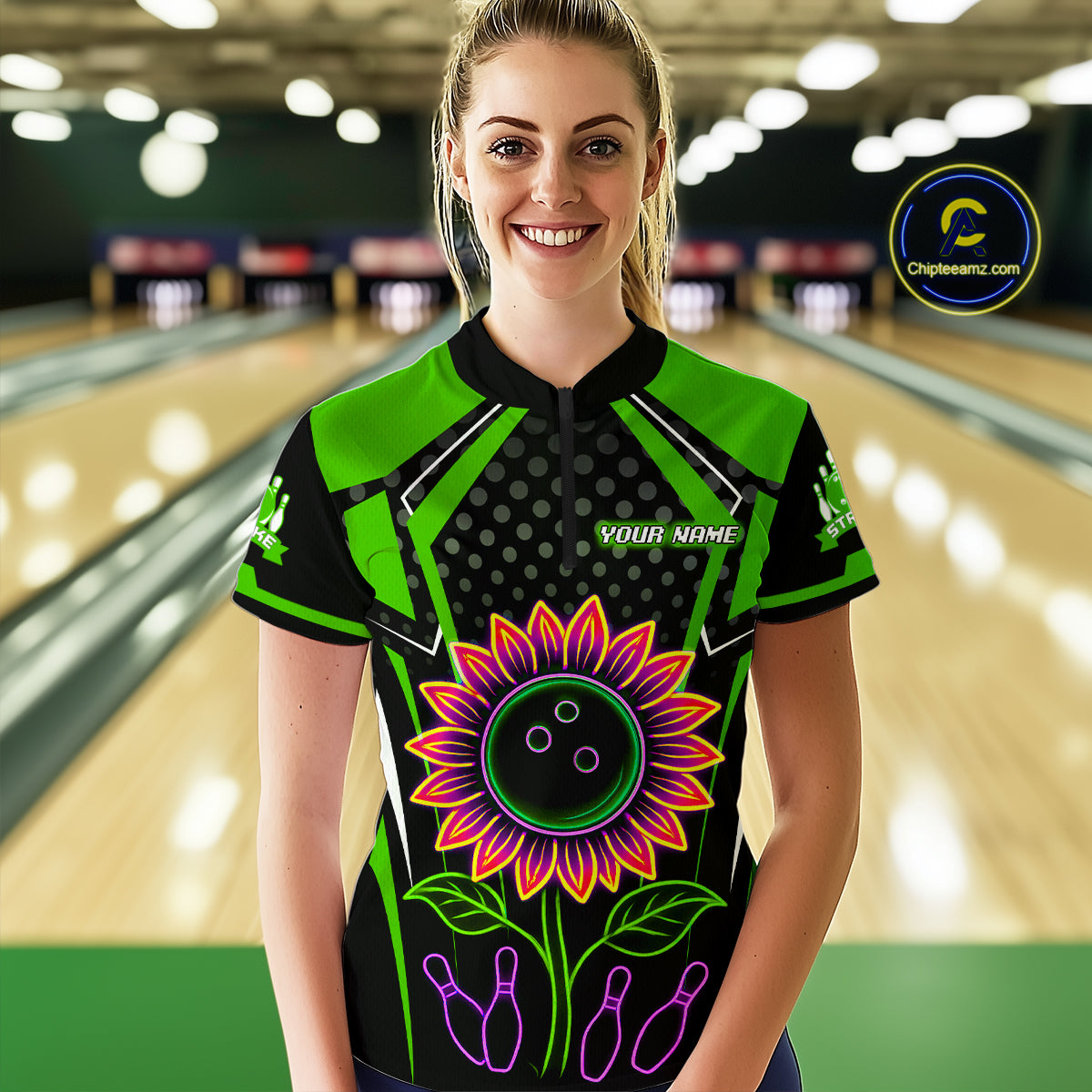 Green Neon Lightning Sunflower Bowling Shirt for Women Custom Team Bowling Polo Bowling Jersey QZT771