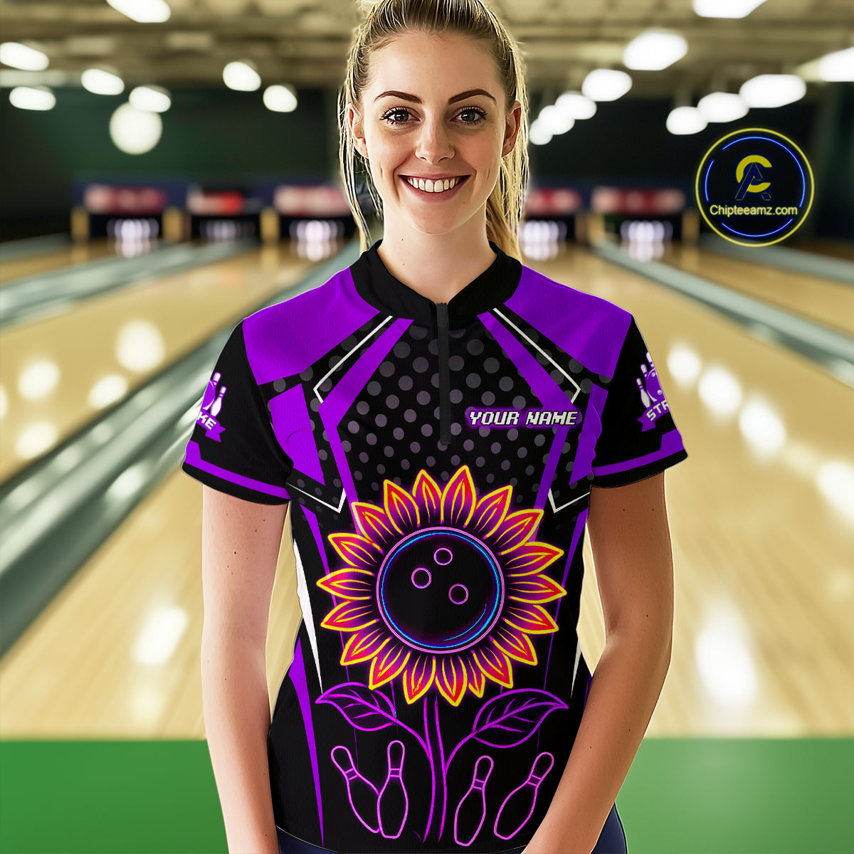 Purple Neon Lightning Sunflower Bowling Shirt for Women Custom Team Bowling Polo Bowling Jersey QZT771