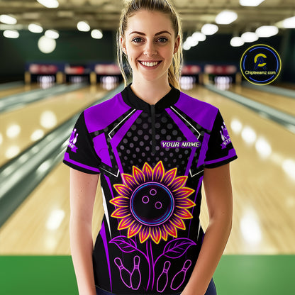 Purple Neon Lightning Sunflower Bowling Shirt for Women Custom Team Bowling Polo Bowling Jersey QZT771