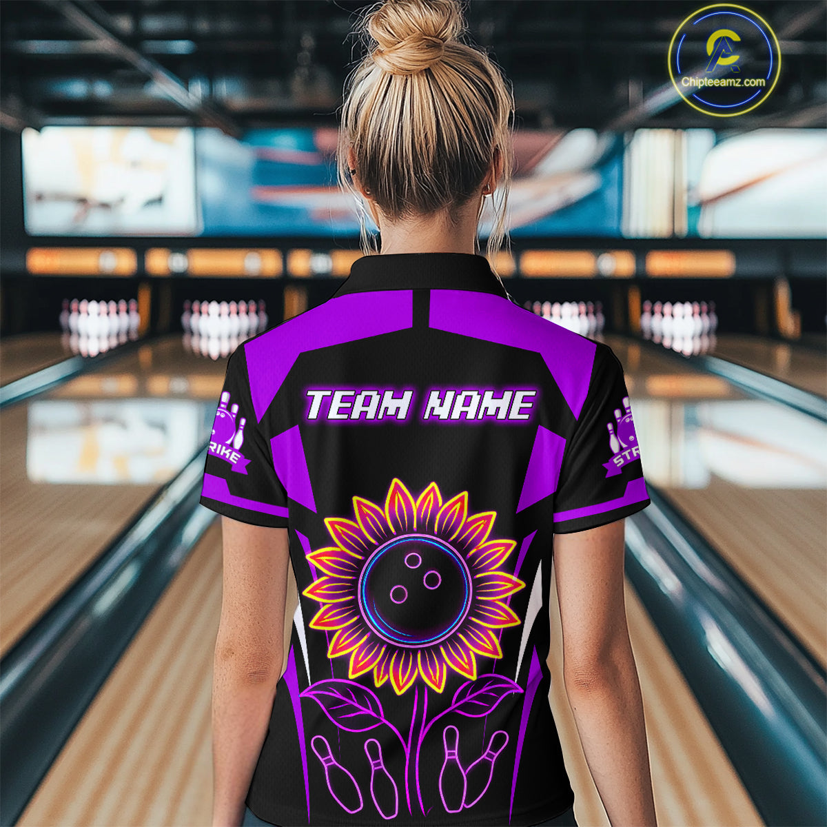 Purple Neon Lightning Sunflower Bowling Shirt for Women Custom Team Bowling Polo Bowling Jersey QZT771