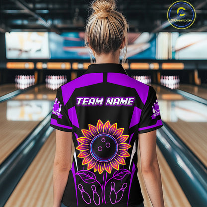 Purple Neon Lightning Sunflower Bowling Shirt for Women Custom Team Bowling Polo Bowling Jersey QZT771
